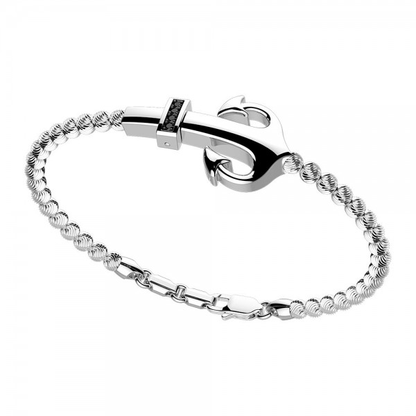 Bracciale in argento a sfere striate, ancora e spinelli neri.