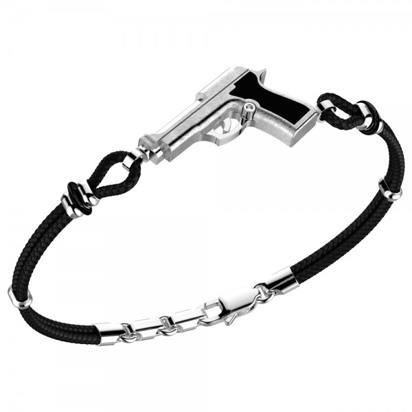 Bracciale con pistola in argento, kevlar nero e smalto nero.