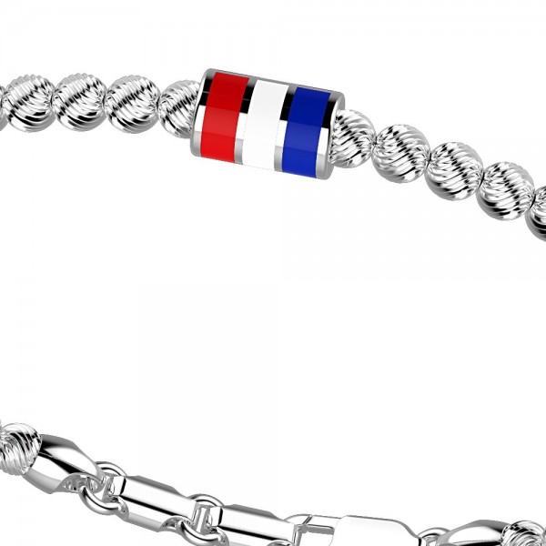 Bracciale in argento con sfere striate e bandiera smaltata.