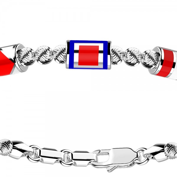 Bracciale in argento con sfere striate e 3 bandiere marine.