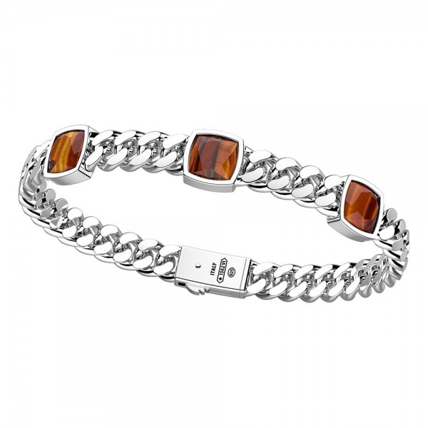 Silver bracelet with three natural tiger's eye stones.