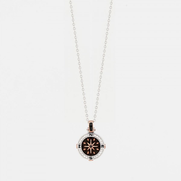 White gold men's necklace with wind rose pendant.