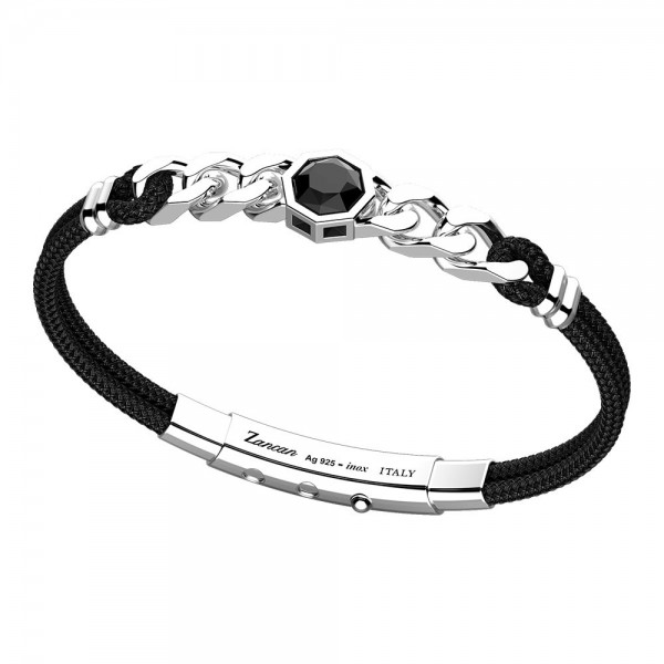 Bracciale in argento e kevlar nero con groumette e pietra onice esagonale.