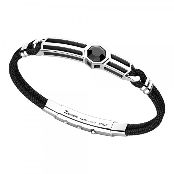 Bracciale in argento e kevlar nero con texture centrale e pietra esagonale in onice.