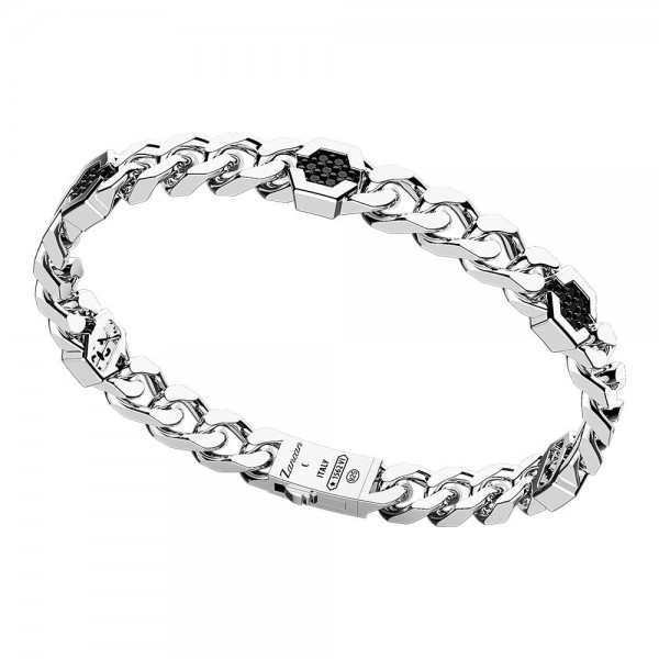 Silver bracelet groumette with hexagonal onyx stones.