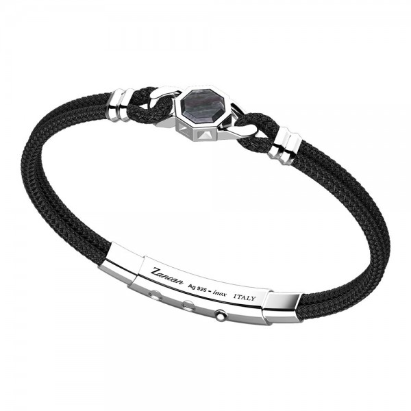 Bracciale in argento e kevlar nero con pietra esagonale in madre perla nera.