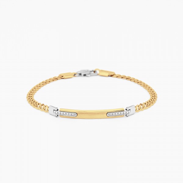 Bracciale da uomo in oro giallo con piastra centrale e diamanti laterali bianchi.