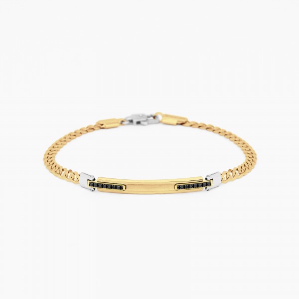 Yellow gold men's bracelet, embellished with a central plate, black diamonds on the side.