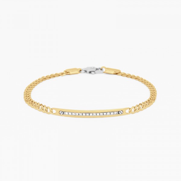 Yellow gold men's bracelet, embellished with a plate with diamonds.