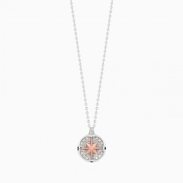 White gold men's necklace, wind rose pendant studded with diamonds.