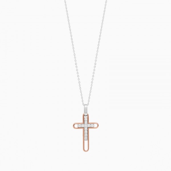 Gold men's necklace with cross pendant studded sapphire.