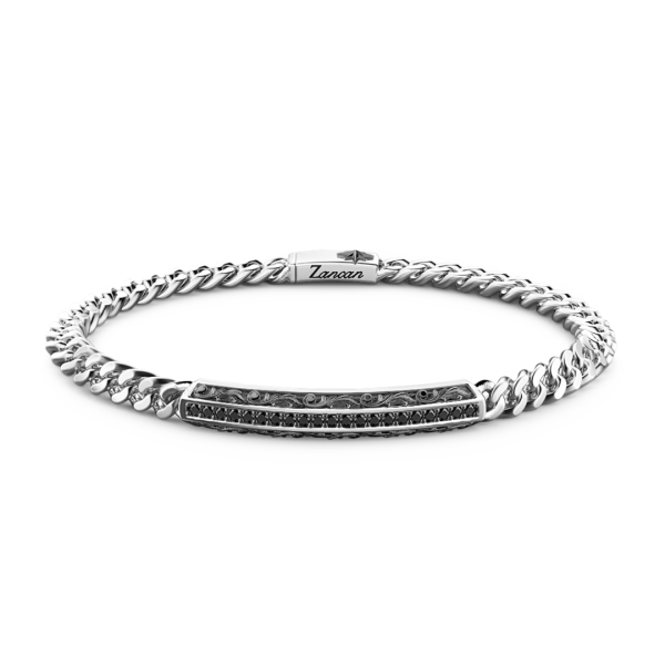 Bracciale Zancan in argento a grumetta con targa e pietre nere.