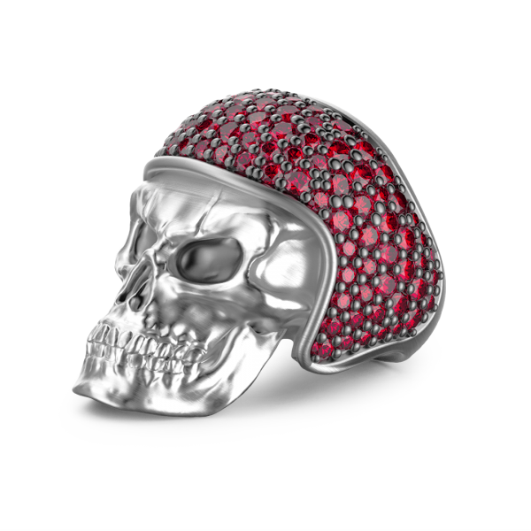 Anello Zancan in argento a teschio con pietre rosse.