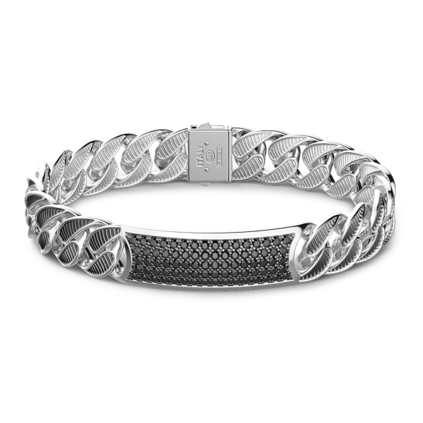 Bracciale grumetta larga Zancan in argento con finitura striatae targa con pietre nere.