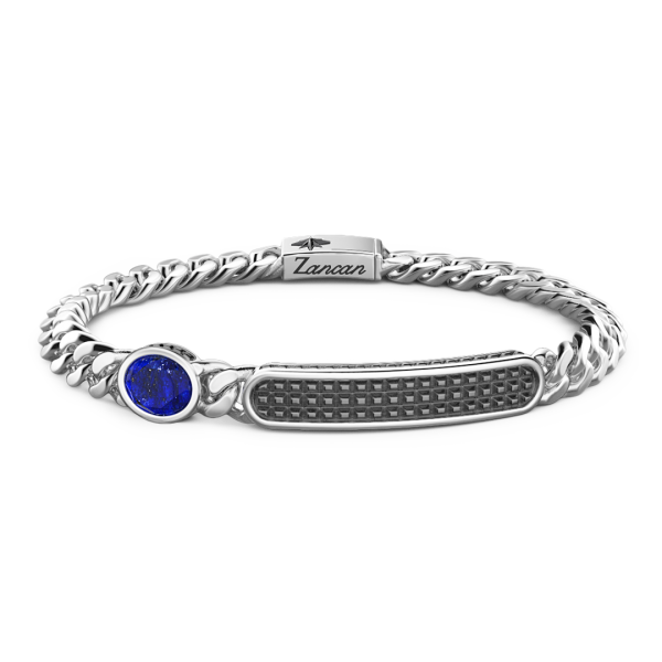 Bracciale grumette Zancan in argento con targa e pietra blu.