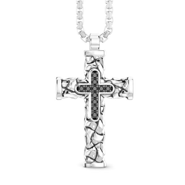 Zancan silver necklace with cross pendant and black stones.